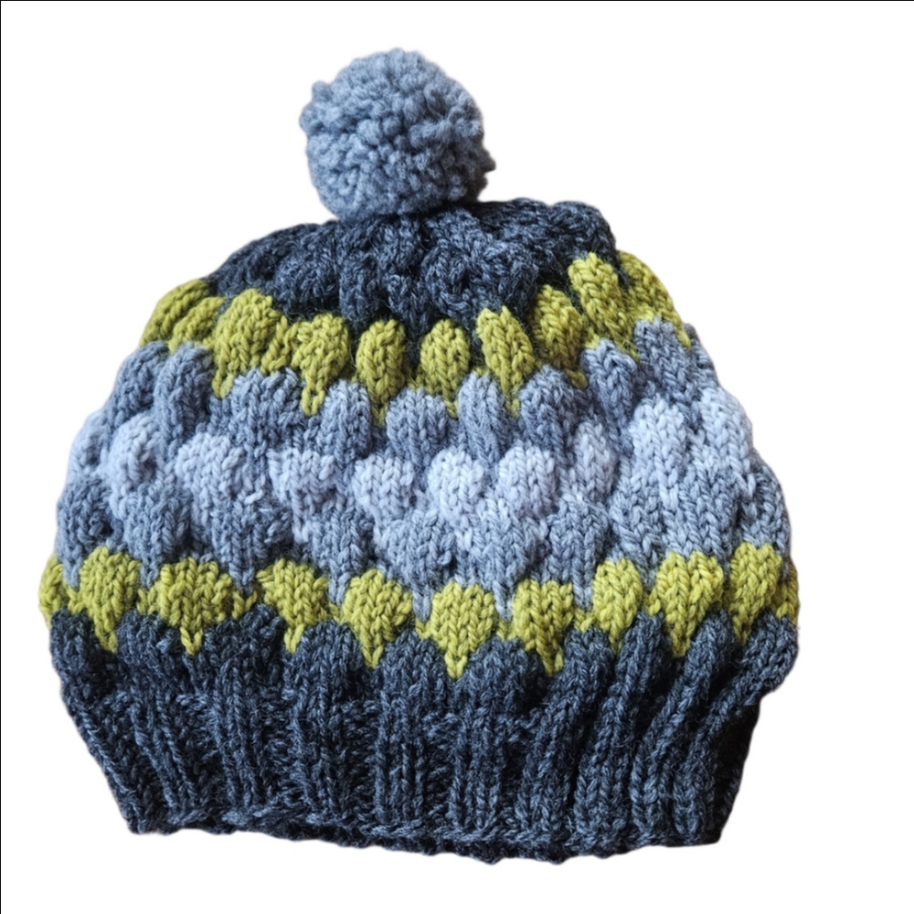 Pom Pom Beanie Gray Yellow Green